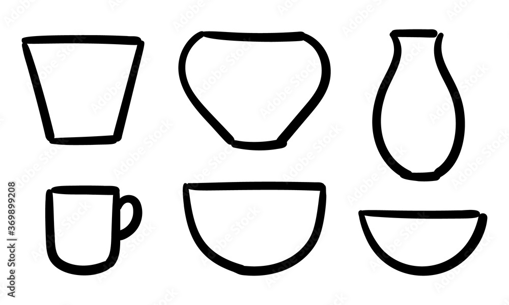 Set of hand-drawn outlines of ceramic pots and vases Set of hand-drawn outlines of ceramic pots and vases