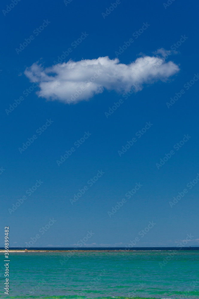 Fototapeta premium Foto minimalista con mare, sabbia e nuvola all'orizzonte.