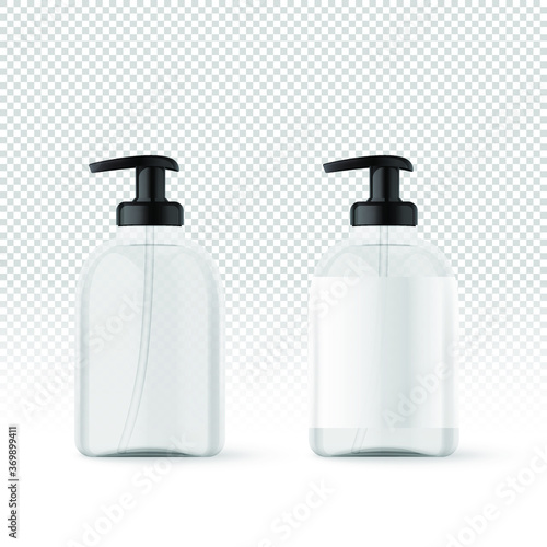 Realistic white transparent cosmetic bottles with label for soap. Cosmetic containers and tubes for cream, shampoo, gel, balsam, conditioner, soap, ointment, toothpaste, lotion. Vector Illustration