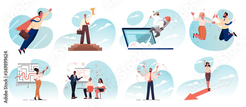 Business, idea, startup, goal achievement, success, celebration, motivation, teamwork set concept. Collection of young businessmen women muslims clerks managers celebrating victory planning strategy.