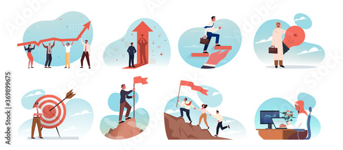 Business, idea, startup, goal achievement, success, celebration, motivation, coworking, teamwork set concept. Collection young businessmen women clerks managers working together and reaching purposes.