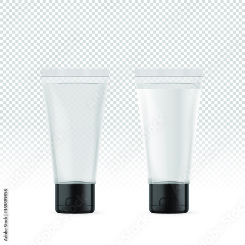 Realistic white transparent cosmetic tubes with label. Cosmetic containers and tubes for cream, shampoo, gel, balsam, conditioner, soap, ointment, toothpaste, lotion etc. Vector Illustration