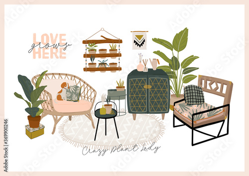 Trendy Scandinavian Urban Greenery at Home Jungle Interior with home decorations. Cozy Home Garden furnished in Hygge style. Crazy Plant Lady illustration. Isolated Vector