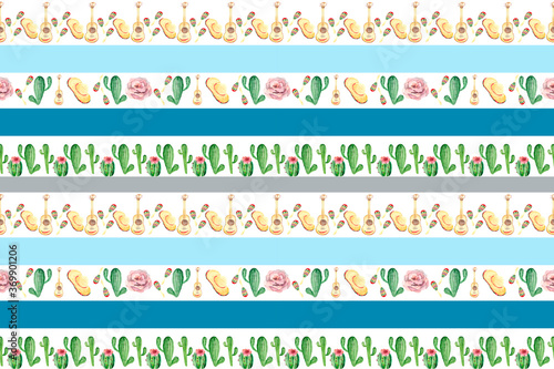 Seamless stripe pattern with musical instruments cacti and a straw hat. Attributes of a music festival. Bright watercolor pattern for textiles, Wallpaper, packaging and original backgrounds.