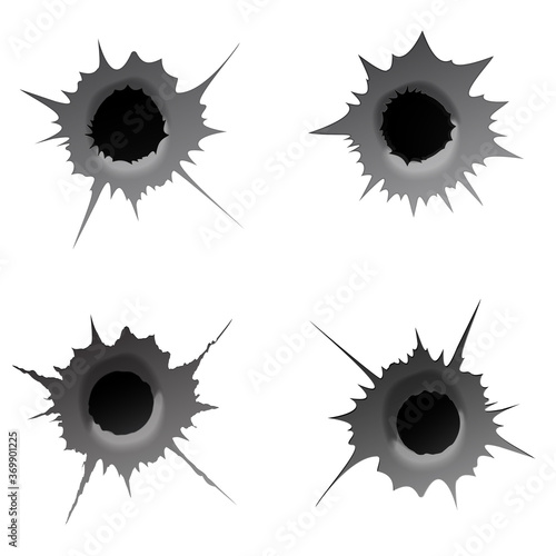 Bullet hole on white background. Set of realisic metal bullet hole, damage effect. Vector illustration.