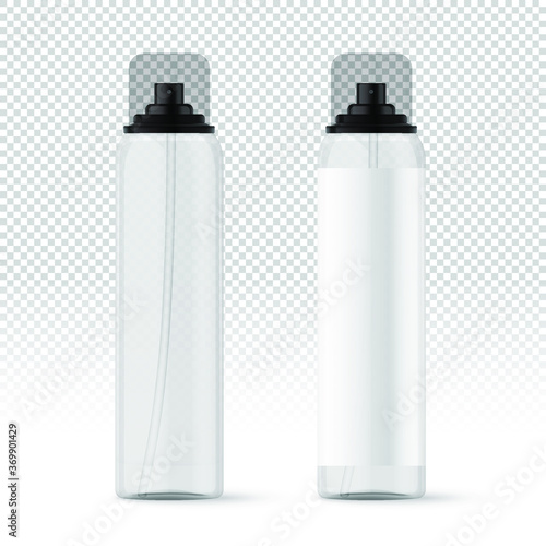 Realistic white transparent cosmetic spray bottles with label. Cosmetic containers and tubes for cream, shampoo, gel, balsam, conditioner, soap, ointment, toothpaste, lotion etc. Vector Illustration