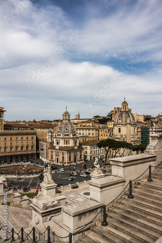 Top view from the Vittoriano monument to the staircase, Venice square and Rome. Italy.