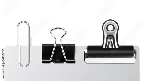 Set of paper clips with black binder on white background. Vector illustration. EPS10.
