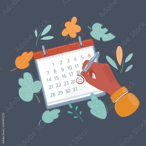 Vector illustration of hand with pen point on data calendar note book. Objects on dark