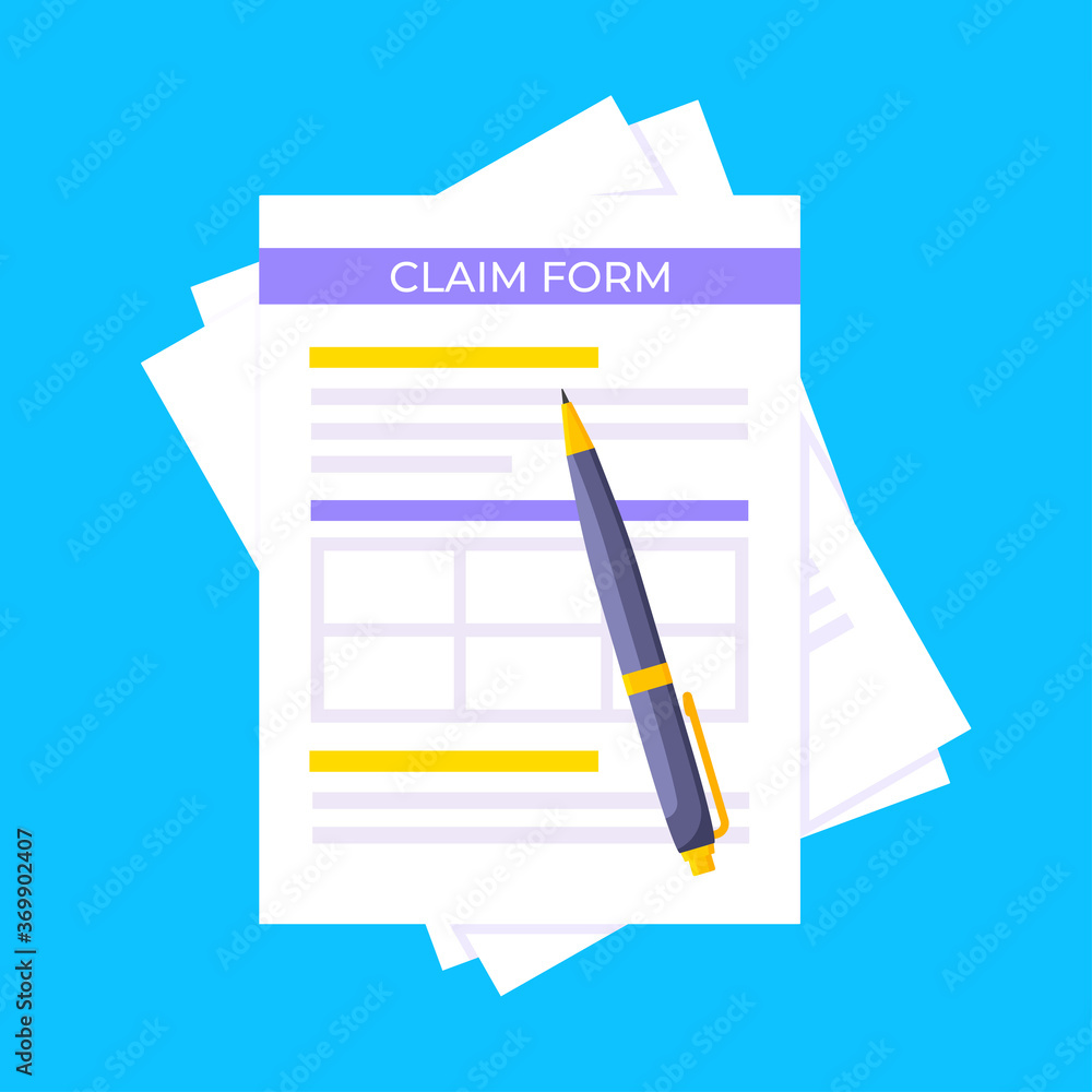 Claim form paper sheets isolated on gray background flat style design vector illustration. Concept of fill out form or online survey insurance application form. Claim form paper sheets isolated on gray background flat style design vector illustration. Concept of fill out form or online survey insurance application form.
