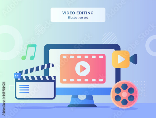 Video editing illustration set video on computer screen background of camera filmstrip music with flat style.
