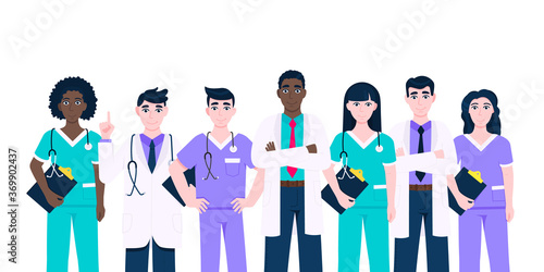 Medical staff doctors team with face masks clinic employee vector illustration isolated on white background. Hospital or medical clinic staff doctor, surgeon, nurse standing up with equipment.
