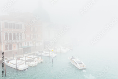 Venice Italy. Beautiful views of the Grand Canal at sunrise with fog.