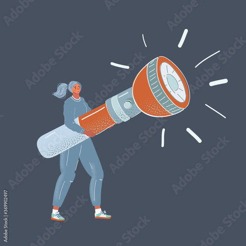 Vector illustration of young woman holding flashlight on dark background.