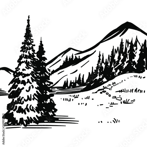 Mountain vector landscape. Scene beauty nature with trees, forest and sky. Hand drawn black and white inking sketch, etching, engraving print. Stock vector illustration