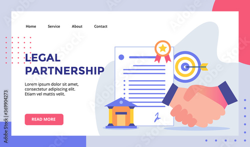 Legal partnership handshake concept campaign for web website home homepage landing page template banner with flat style