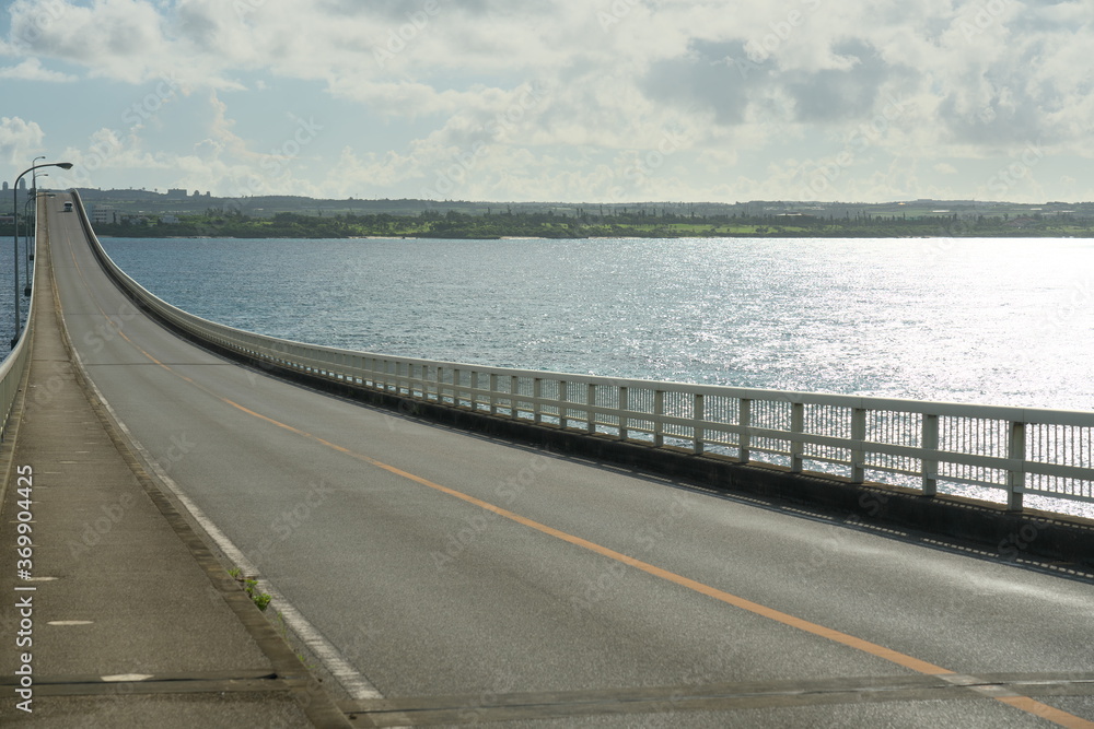 Okinawa,Japan-July 20, 2020: View of Kurima Bridge from Kurima island. Its length is almost 1 mile.

