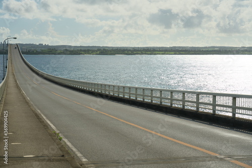 Okinawa Japan-July 20  2020  View of Kurima Bridge from Kurima island. Its length is almost 1 mile. 