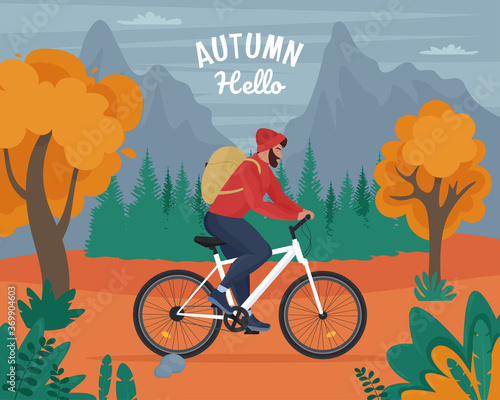 Man travels by bicycle in autumn. Time to travel concept. Vector illustration in flat style