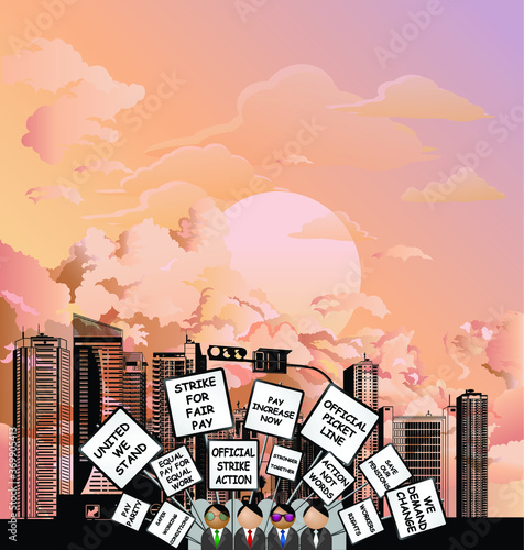 Workers on strike marching through generic city demonstrating with their grievances and demands on placards 