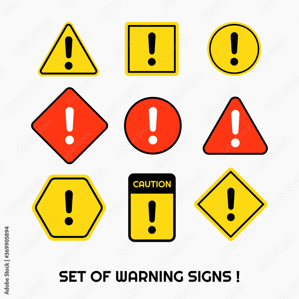 Exclamation mark, set of beware icons, pixel perfect, red and yellow colors. Eps 10 vector Exclamation mark, set of beware icons, pixel perfect, red and yellow colors. Eps 10 vector