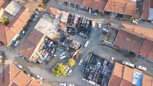 Aerial view of scrap car industry and vehicle spare parts location