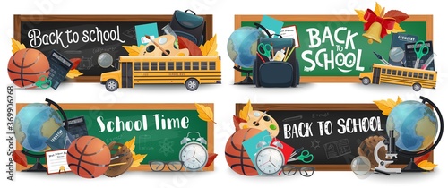 School education blackboard vector banners. Cartoon green and black chalkboards with learning and stationery. Books, maple leaves, school bus and globe, ball, alarm clock and pens. Back to school
