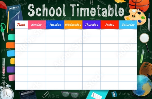 School timetable with stationery, tools and bookmarked planner vector template. Student education weekly schedule, timetable with textbook, painting palette, lab flask and chalk sketches on blackboard photo