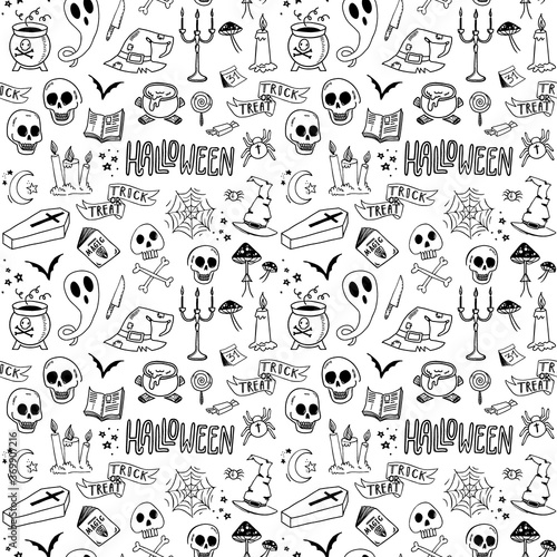 Seamless hand drawn pattern with spooky Halloween doodles. Holiday background. Eps 8