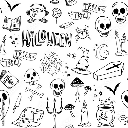 Seamless hand drawn pattern with spooky Halloween doodles. Holiday background. Eps 8
