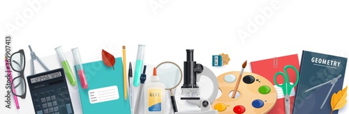 School supplies vector banner of education design. Student items border with books, pencil, pen and brush, scissors, compasses, microscope, calculator, paint, test tubes, notebook and glasses