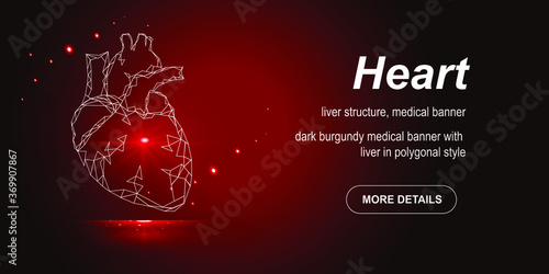 healthy heart medicine Polygonal style. The triangle of connected dots glows against a red background. Pulse inner housing