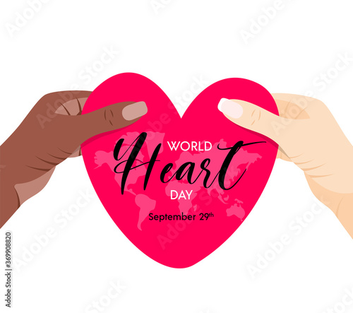 World Heart Day. Vector Illustration with red heart symbol in hands. For social media, web, banner