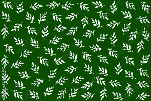 Background with vector leaves. Pattern with white leaves on a green background. Modern background with vector leaf patterns. Linocut sheets with texture.
