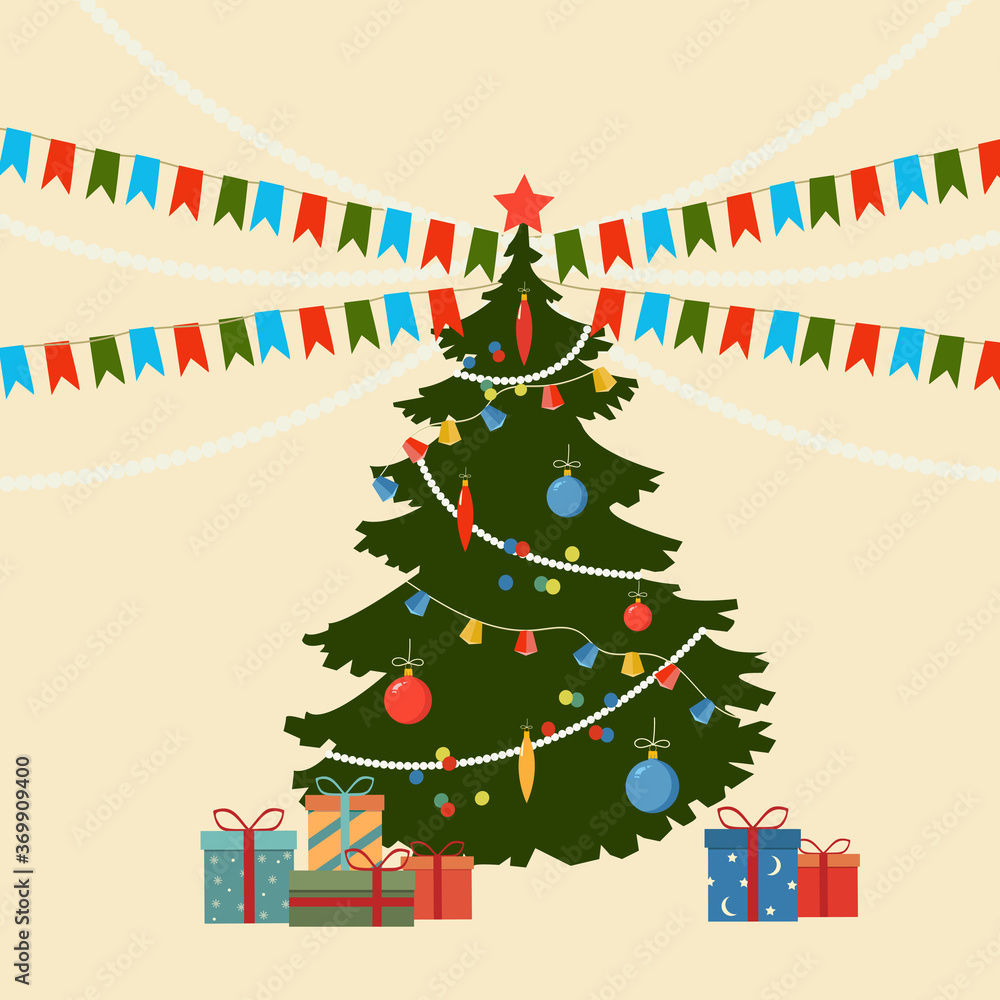 Holiday Christmas background with garland, spruce and a gift boxes. Holiday Christmas background with garland, spruce and a gift boxes.