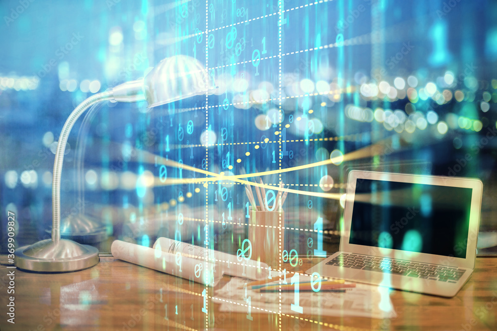 custom made wallpaper toronto digitalDouble exposure of table with computer on background and data theme hologram. Data technology concept.