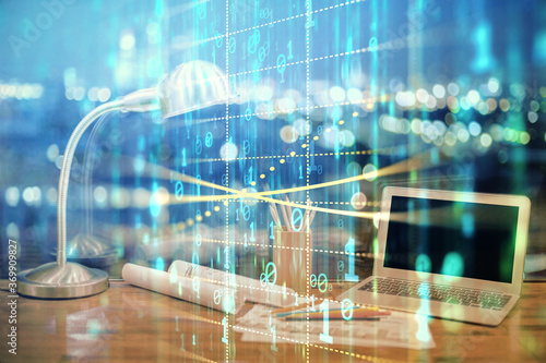 Wallpaper Mural Double exposure of table with computer on background and data theme hologram. Data technology concept. Torontodigital.ca