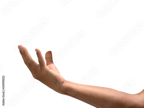 Men's hand throwing something up to the air isolated on white background. Clipping path