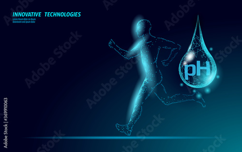 Water aqua pH jogger rehydration concept. Health care against dehydration isotonic electrolytes drink. Runner sportsman low poly 3D vector illustration
