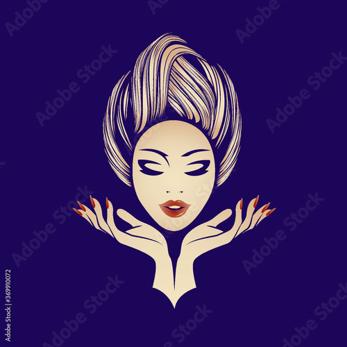 Hair salon, nails art and beauty studio vector illustration.Beautiful woman with elegant hairstyle, makeup and manicure.Young lady portrait.Smiling girl.Cosmetics and spa logo.Red lipstick.