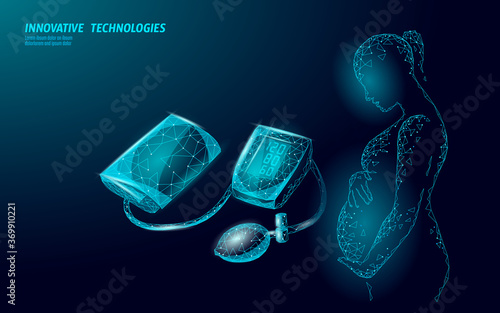 3D low poly pregnancy medical tonometer for measuring blood pressure. Medical healthcare Eclampsia check up analysis. Control test medicine vector illustration