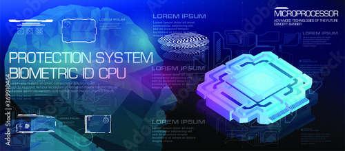 CPU Concept. Powerful microprocessor of the future.Protection system. Biometric ID. New generation processor for processing information. Concept banner
