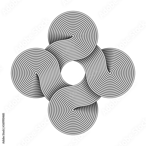 Bowen knot sign made of four connected disks composed of metal wires. Vector command key symbol.