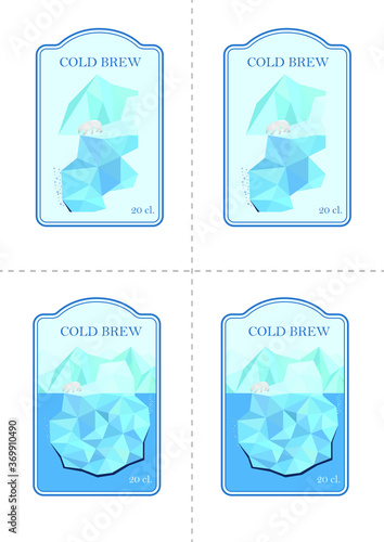 2 Cold Brew Label Design, Plar Bear on melting iceberg, ready to print for A4 size 