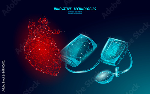 3D low poly electronic medical tonometer for measuring blood pressure. Medical healthcare check up analysis. Control test medicine vector illustration