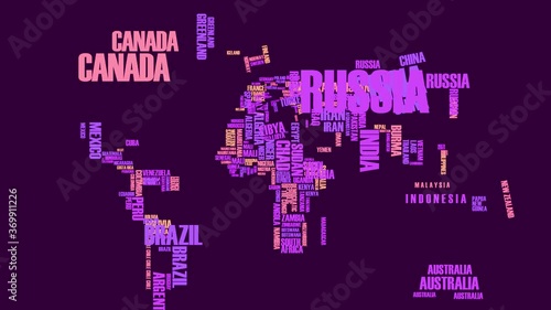 trendy interactive world map with countries in words combining purple color shades with background perfect for global hi tech company exporting products around the world