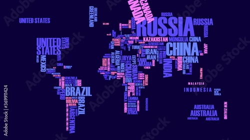 dramatic blue and pink world map in words with continents put in order by bouncing and twisting representing the planet at night for social media brand