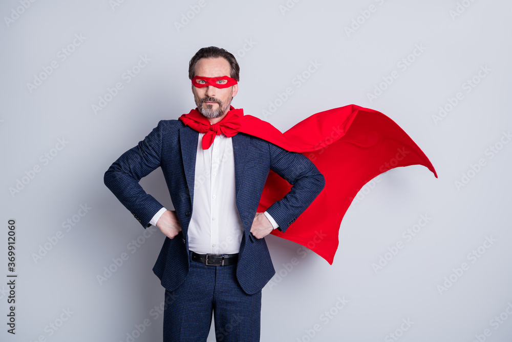 Photo of confident courage professional mature business guy man arms by  sides corporate party super hero costume character wear blue suit red face  mask cloak isolated grey background Stock Photo | Adobe