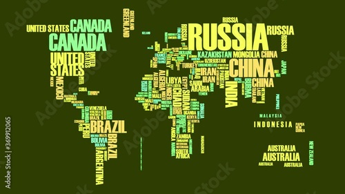 cool world map made with words assembled by twisting continents formed of countries names with unique shade of color like seen through green polarized glasses