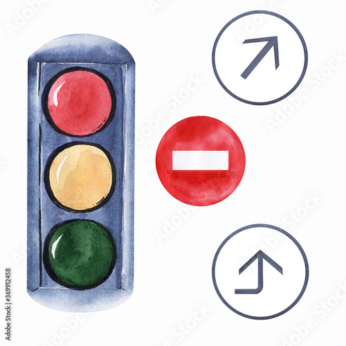 Watercolor images on the theme of Car travel. Cars, road signs, camera, traffic lights